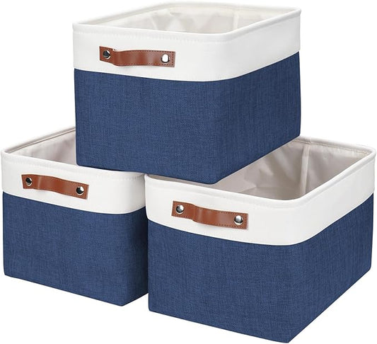 Storage Bins Large Fabric Storage Baskets for Shelves 3 Pack, NavyBlue&White