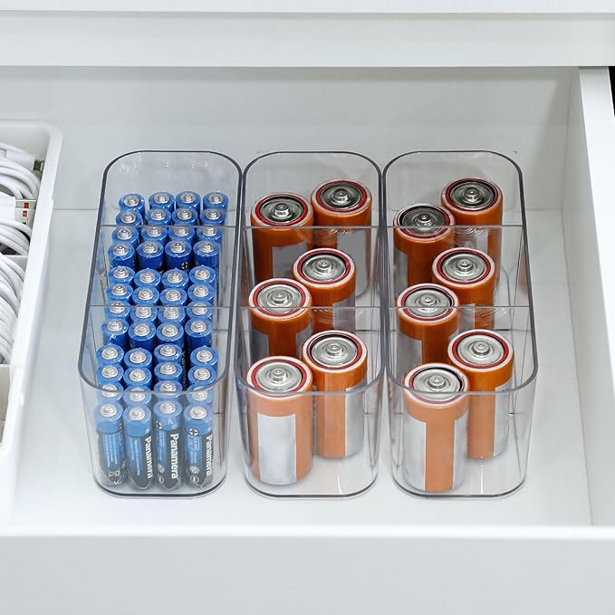 4 Pack Cord Organizer Box for Desk Drawer, Plastic Cable Storage Case with Wire Ties, Clear Home Office Supplies Container for Phone Charger, Art Crafts and bathroom Accessories