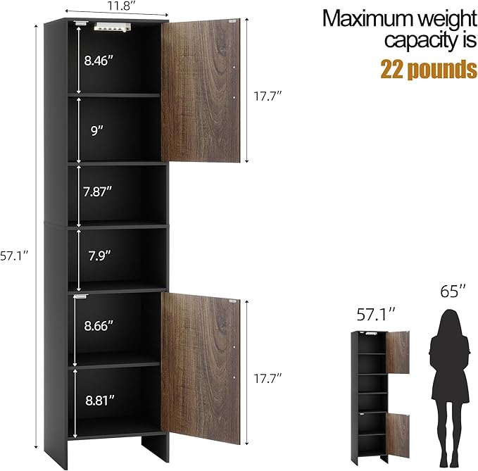 Tall Storage Cabinet, 13.15 Inch Narrow Bathroom Cabinet with USB Magnetic Light, Open Shelf, Magnetic Doors, 2 Adjustable Shelves, Anti-Tip Kit for Small Spaces, Living Room, Black, 57.1" H