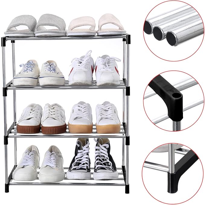 Jucaifu Stackable Small Shoe Rack, Entryway, Hallway and Closet Space Saving Storage and Organization (4-Tier, Black)