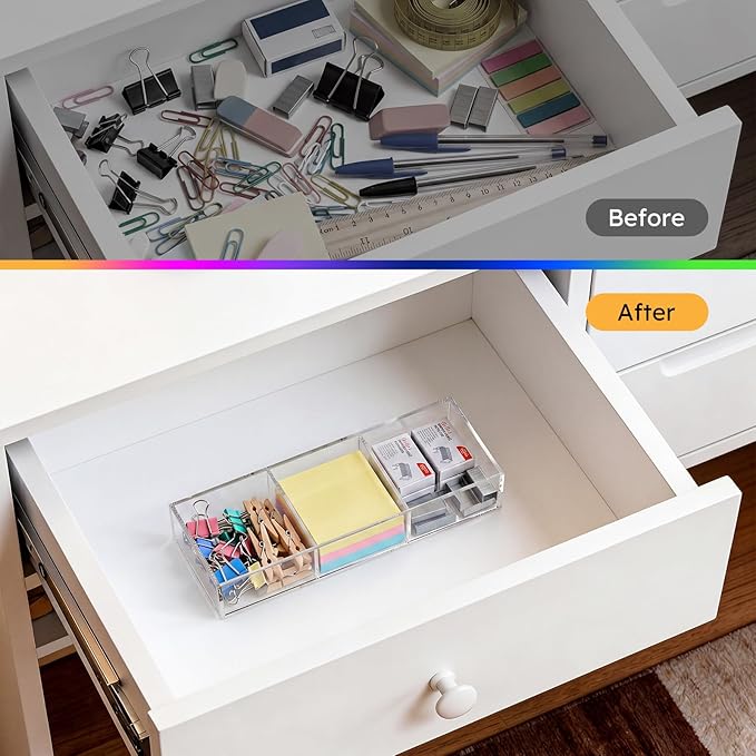 HIIMIEI 3 Section Clear Acrylic Drawer Organizer Tray, Office & Makeup Drawer Organizer (11.8x4.3 inch)