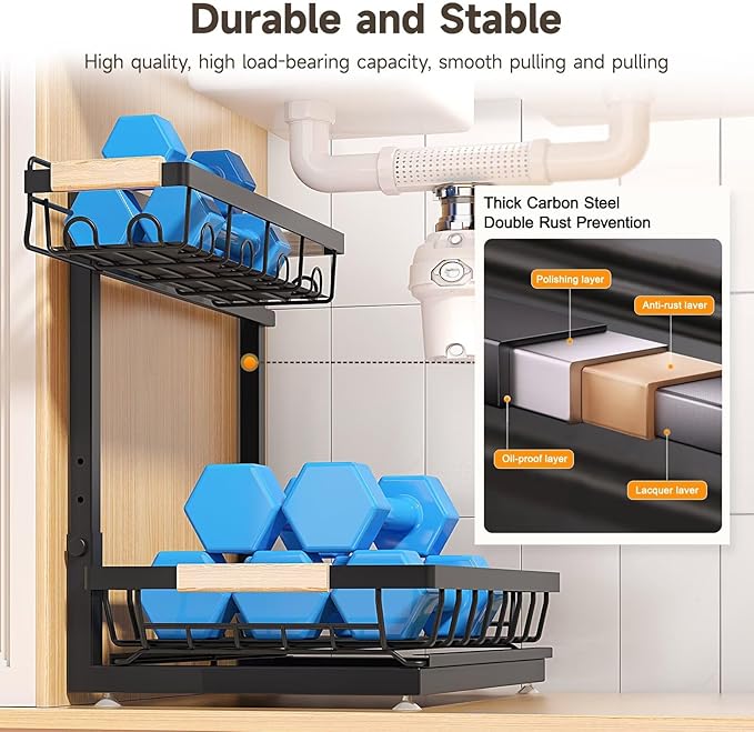 Sevenblue 2 Packs Under Sink Organizer, Height Adjustable 2 Tier Under Kitchen Sink Organizer, Multi-Purpose Storage Shelf for Kitchen Bathroom Cabinet