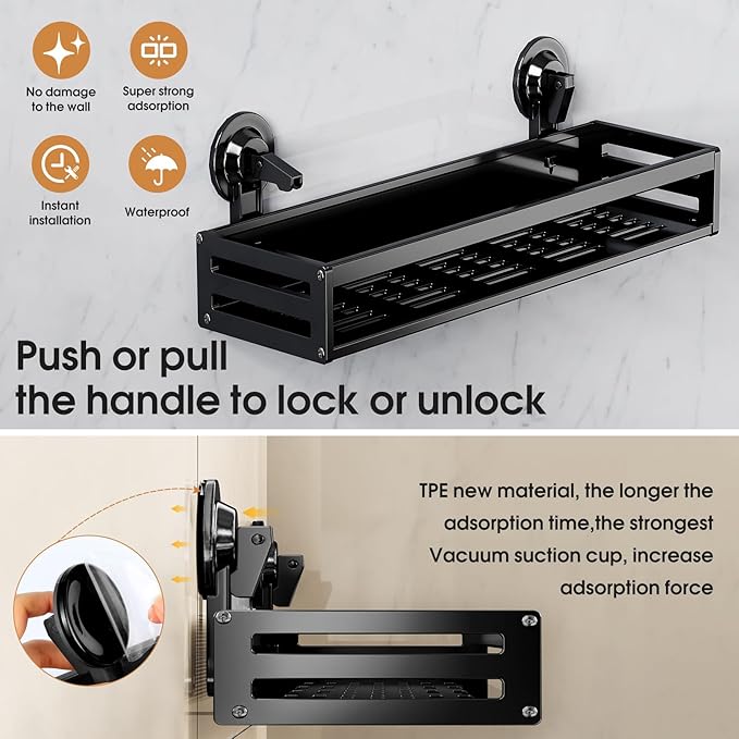 Suction Cup Shower Caddy, 15.7 inch Extended Version, 5 Hooks & Towel Rrack, No Drilling Required, Rust-resistant Bathroom Shower Organizer,with 2 Extra Suction Cups for Replacement Use(2Pack-Black)
