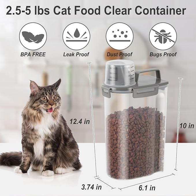 Dog Cat Food Storage Container 3-5lb, Pet Food Container Airtight with Large Spout & Cup, BPA-Free Plastic Food Dispenser for Pet Food, Bird Seed, Rice, Flour (Dark Gray (3L-1pack))