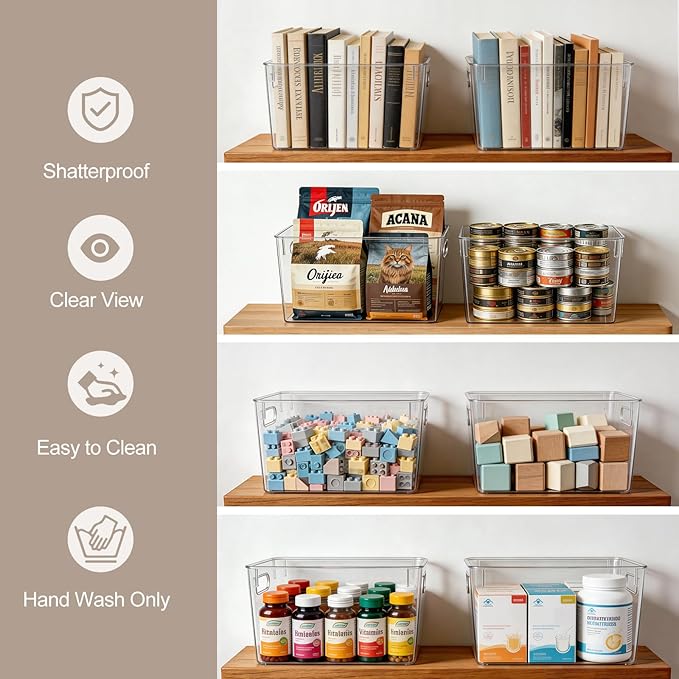 Hudgan Set of 8 Clear Plastic Storage Bins 4 Large and 4 Small Stackable Storage Containers for Pantry Organizers and Kitchen Storage, Cabinet, Freezer, Under Sink Organization