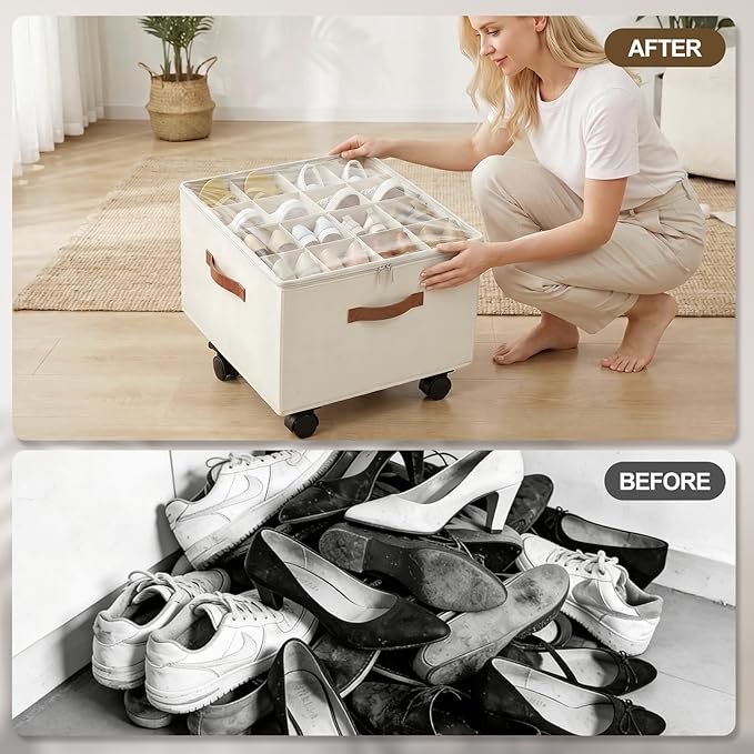 Large Shoe Organizer for Closet, Adjustable Dividers Shoe Storage Box Bins with Wheels Clear Cover Reinforced Handle Fits up to 16 Pairs, Foldable Shoe Organizer for Entryway Beige