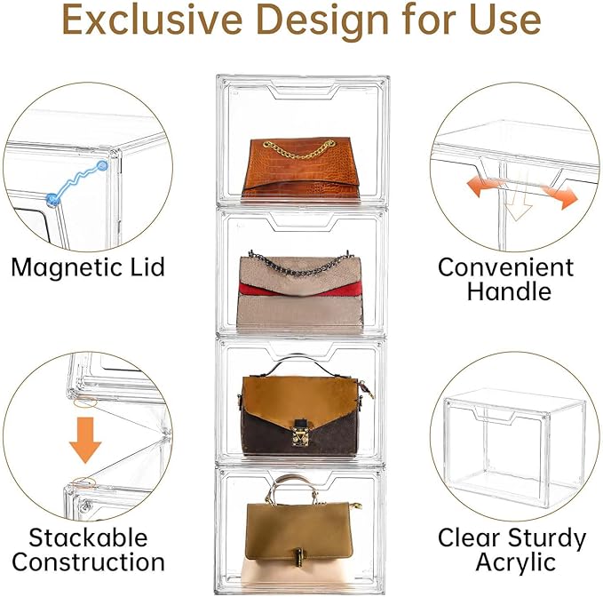 Freebat Stackable Storage Organizers Clear Acrylic Display Case, 5-Pack Acrylic Boxes with Lids, Clear Storage Containers Storage for Handbags, Collectibles & Figures