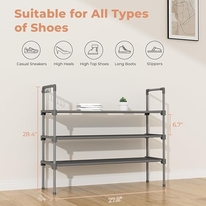 3 Tier Shoe Rack for Closet, Shoe Organizer with 5 Hooks, Grey