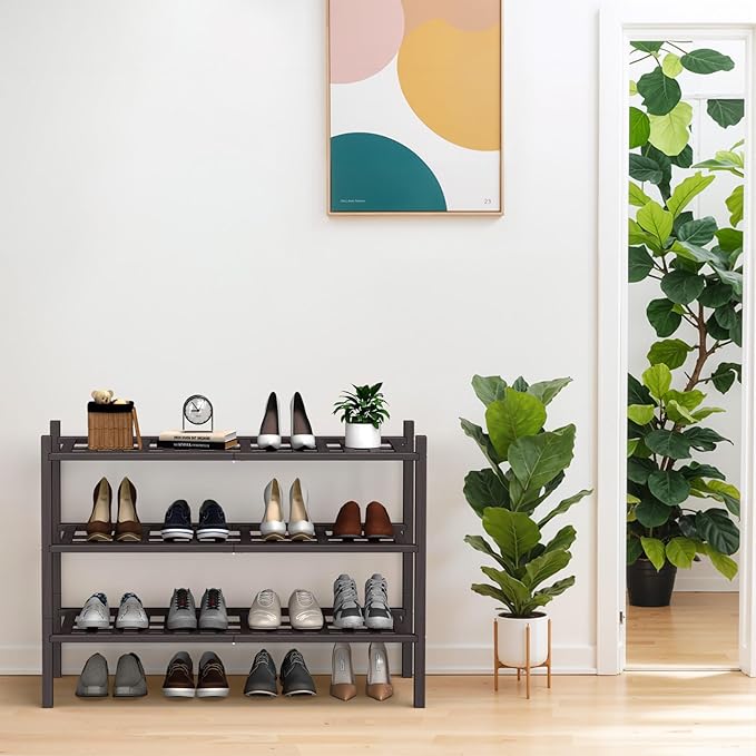 Haddockway 3 Tier Bamboo Shoe Rack Storage Organizer, Multifunctional Free Standing Stackable Shoe Shelf with Grid Panel for Closet,Hallway,Entryway,Small Space 27"x11"x20"