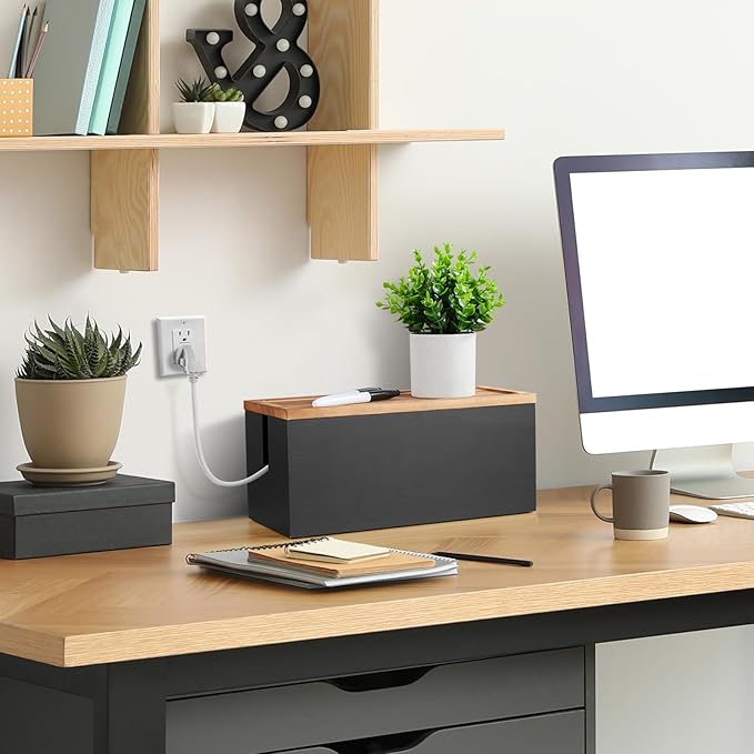 Cable Management Box Medium, Wooden Cord Organizer Box for Desk, Floor