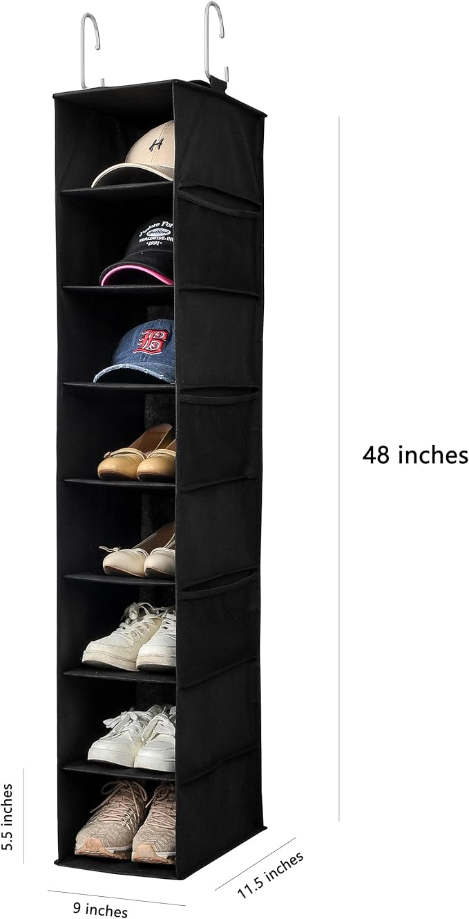 Berdeng Hanging Shoe Organizer for Closet with Side Mesh Pockets，Hat Racks for Baseball Caps，Shoe and Hat Holder & Storage，8-Shelf，Black，2 Pack