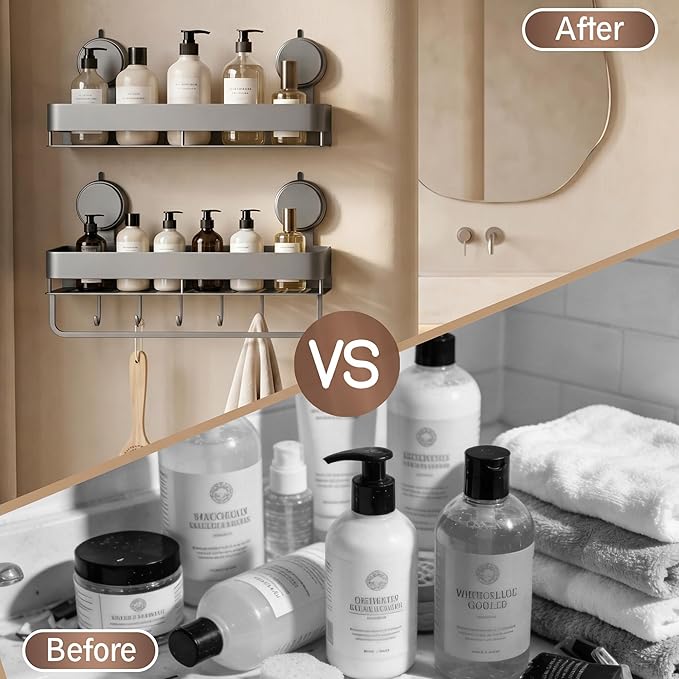 Wide Aluminum Suction Cup Shower Caddy(2-Pack Gray),Shower Shelves for Bathroom Wall,Wall Mounted Bathroom Shelves with Towel Bar & Hooks