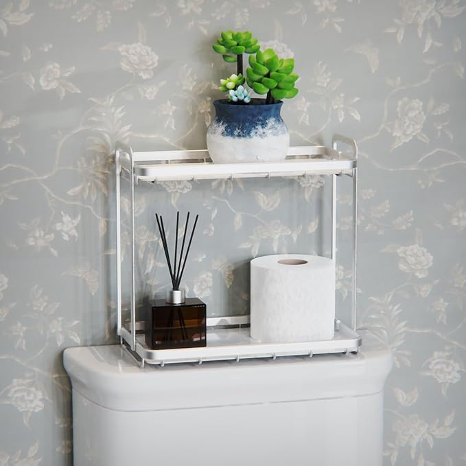 Counter Organizer for Bathroom, Kitchen or Coffee Bar, Metal Shelf with Faux Marble, Vanity Countertop Makeup Storage, Dresser Perfume Display Rack, Toilet Tank Tray (Matte Silver, 2-Tier)
