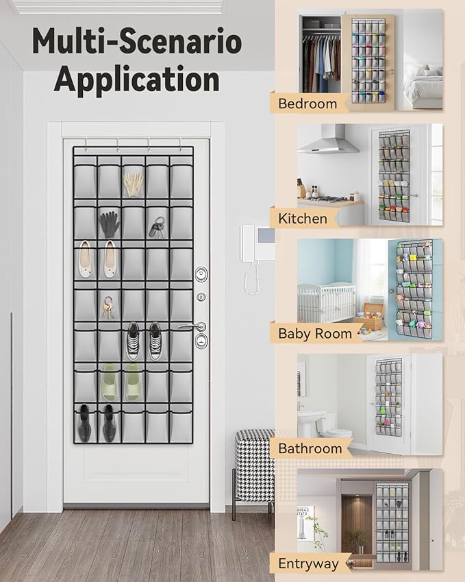 dodowin Over the Door Shoe Organizers, 2 Pack (1 Black & 1 Grey) -35 Deep Mesh Pockets Each, Over The Door Shoe Rack, Space Saving Hanging Storage Holder for Closets, Shoes & Accessories