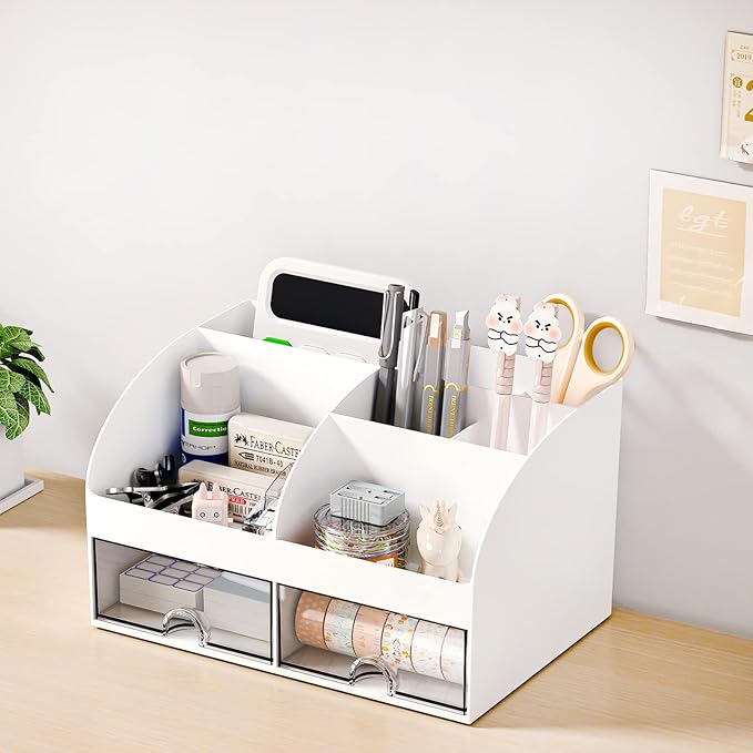 COMFYROOM Desk Organizer with 6 Compartments and 2 Drawers, Plastic Makeup Organizer, Pen Holder for Desktop Storage, Desk Organization for School, Home, Office Supplies (White)