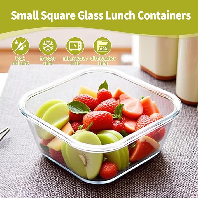 2 Cup Square Glass Food Storage Containers, Small Square Storage Containers With Airtight Lids Leak-proof, BPA free 16oz Glass Meal Prep Bowls, Dishwasher, Microwave, Freezer Safe (White)