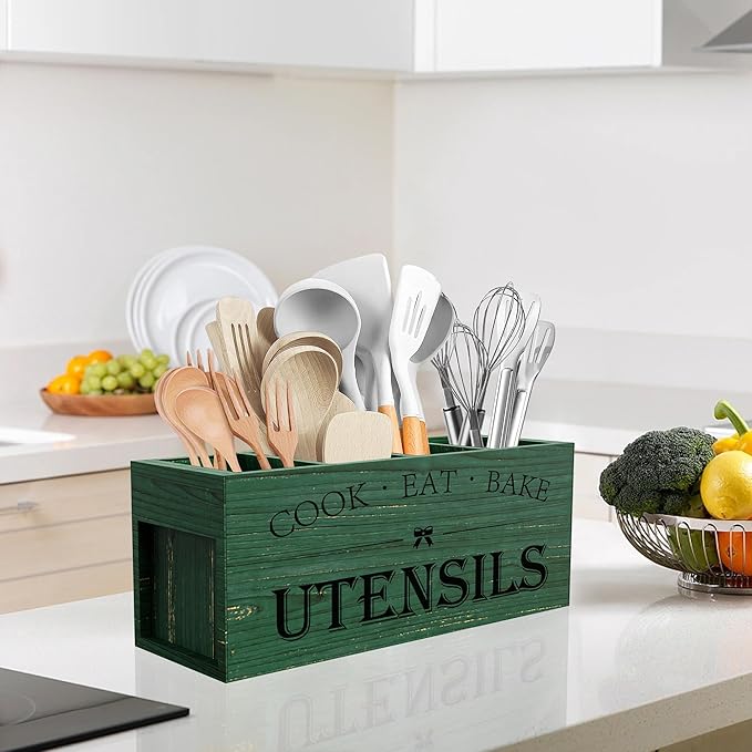 Extra Large Kitchen Utensils Holder with 4 Compartments, Green grain