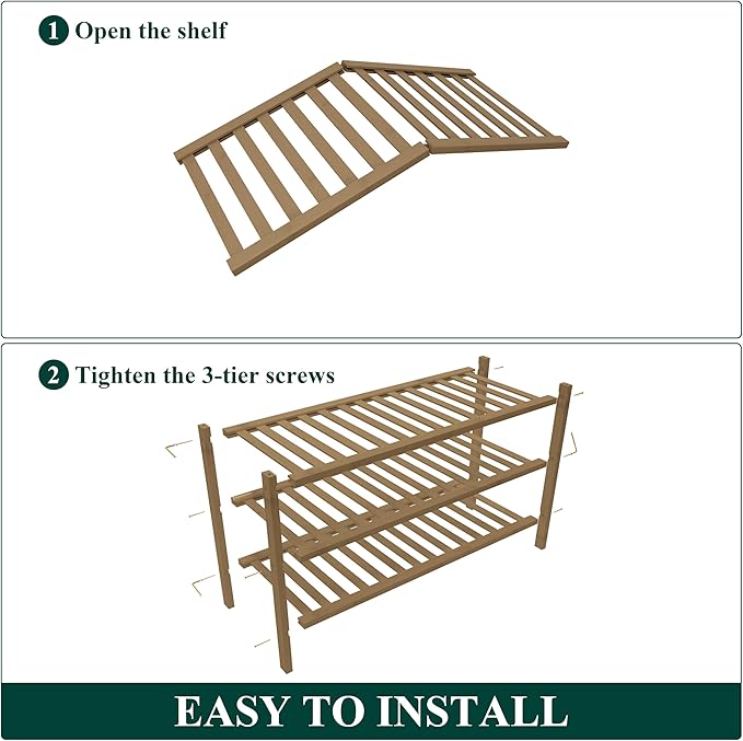 Smiry Bamboo Shoe Rack for Closet, 3 Tier Wooden Shoe Organizer, Stackable Wood Shoe Storage Shelf for Entryway, 14 Vertical Slats, One-piece Heavy-Duty Legs, 26.77"x11.02"x18.31", Walnut