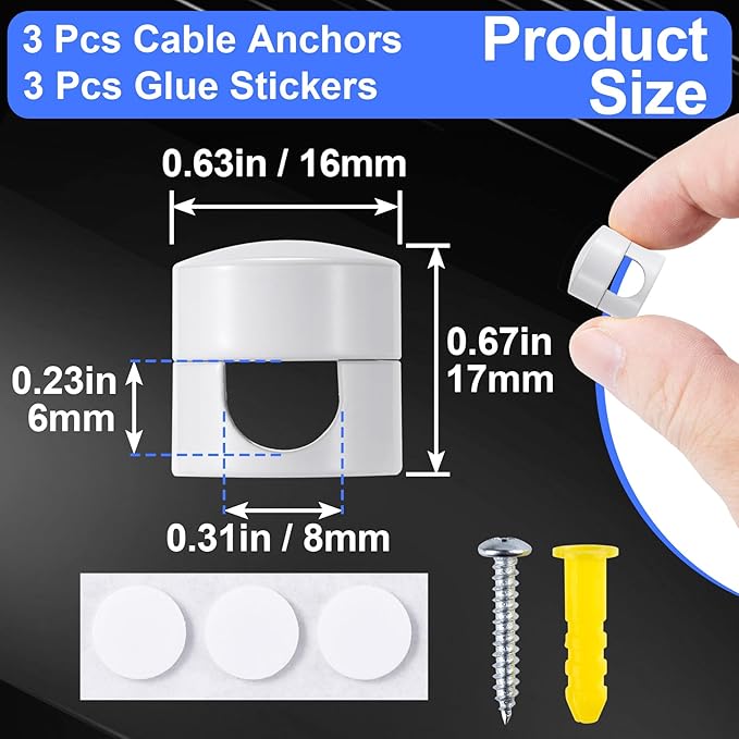 SmallCat 3 Sets Charger Holders for Cords, White Adjustable Cable Anchor Holders, Adhesive Metal Cord Clips, Cable Management Wire Organizers for Desk, Office, Nightstand