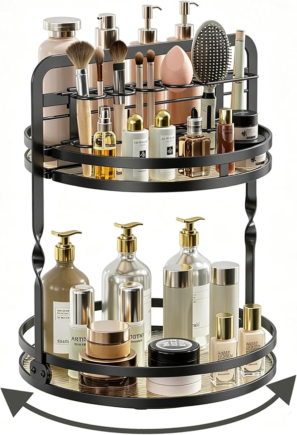 Rotating Makeup Vanity Organizer, 360 Spinning Perfume Organizer for Dresser, 2-Tier Black Bathroom Countertop Organizer, Lazy Susan Skincare Storage, Cosmetic Display with Makeup Brush Holder