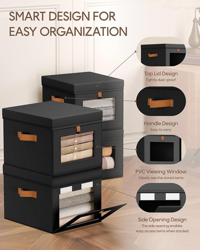 Homsorout Storage Bins with Lid – Closet Organizer with Side Opening and Clear Window, Foldable Stackable Fabric Basket for Clothes, Home, Office - 13.77" x 11.8" x 9.8", 6 Pack, Black