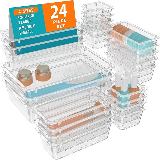 24 PCS Clear Plastic Drawer Organizer Set