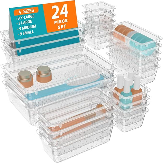 24 PCS Clear Plastic Drawer Organizer Set