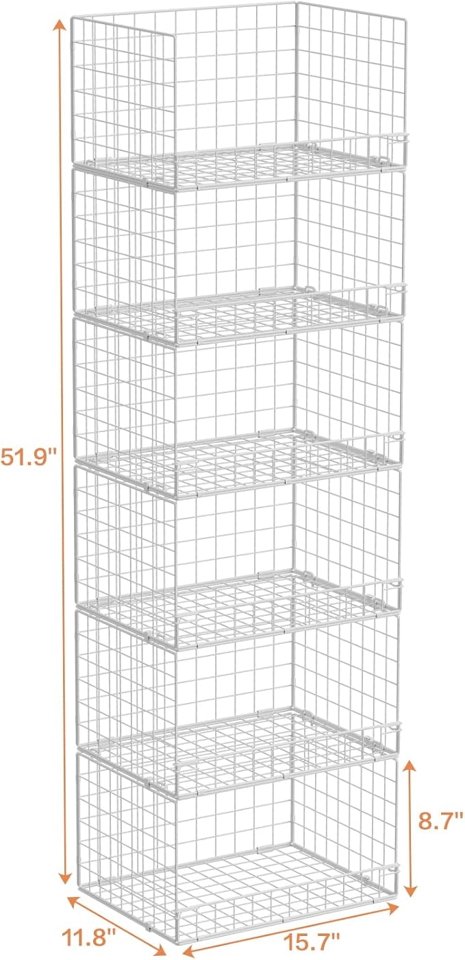 Yociyoga 6-Tier Stackable Closet Organizers and Storage Shelves, Closet Shelf Organizer Basket Bins, Foldable Sweater Storage for Clothes Organizer System, White（Patent No. 30022416）