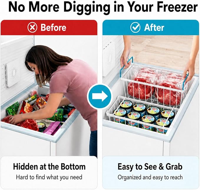 iSPECLE Chest Freezer Organizer Bins - Fits 7 Cu.Ft Deep Freezer, 6 Pack Stackable Wire Baskets(14.7" Length), Heavy Duty Coated Freezer Organizer, Rust Resistant for Frozen Food Sorting, White