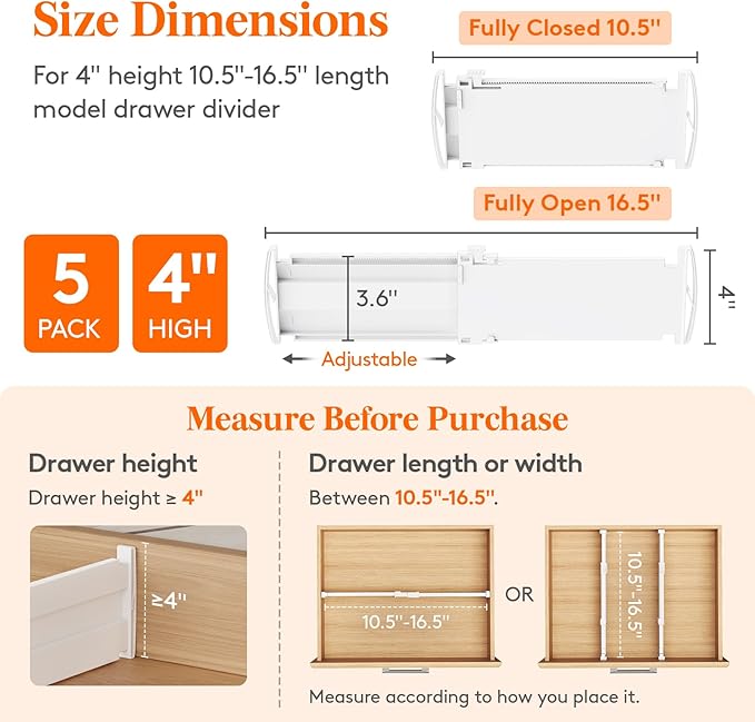 Lifewit 5 Pack Drawer Dividers for Clothes, 4" High 10.5"-16.5" Expandable Dresser Drawer Organizers, Adjustable White Plastic Separators for Kitchen, Cabinet, Nursery, Socks & Underwear Storage