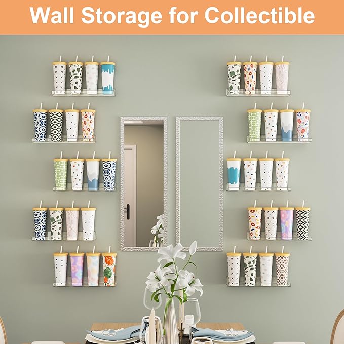 upsimples 12 Pack Acrylic Shelves Wall Organizer and Storage, 15" Display Shelf for Figure, Toy Cars, Perfume, Kids Bookshelf for Bedroom, Nursery, Craft Room, Clear