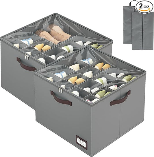 OIAHOMY 2 Pack Shoe Organizer for Closet, Large Foldable Shoe Storage Bins with Dividers and Reinforced Handles, Each Clear Cover Sneaker Box Fits Up to 16 Pairs for Entryway and Bedroom, Grey