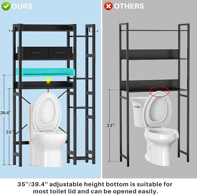 Besiost Over The Toilet Storage with 2 Drawers - 7 Tier Bathroom Organizer with Adjustable Shelf, Freestanding Space Saver Storage Rack Above Toilet Stand with 4 Hooks for Restroom, Laundry, Black