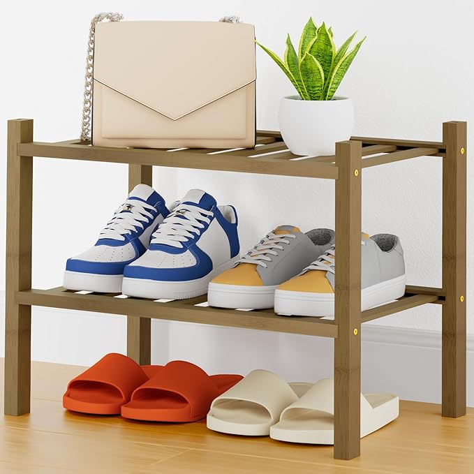 Small Bamboo Shoe Rack, 2 Tier Free Standing Wooden Shoe Organizer, Walnut