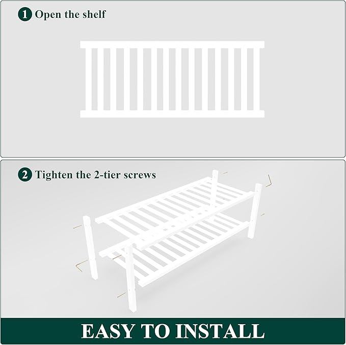Smiry Bamboo Shoe Rack, 2 Tier Free Standing Wooden Shoe Organizer, Stackable Wood Shoe Storage Shelf for Closet, Entryway, 14 Vertical Slats, One-piece Heavy-Duty Legs, 26.8"x11"x13", White