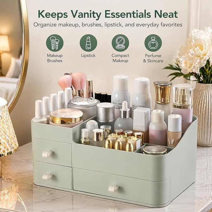 Makeup Organizer with 3 Drawers, Large Vanity Storage for Skincare, Perfume, Lipstick and Brushes, Countertop Cosmetic Holder for Bathroom, Dresser or Bedroom, Green