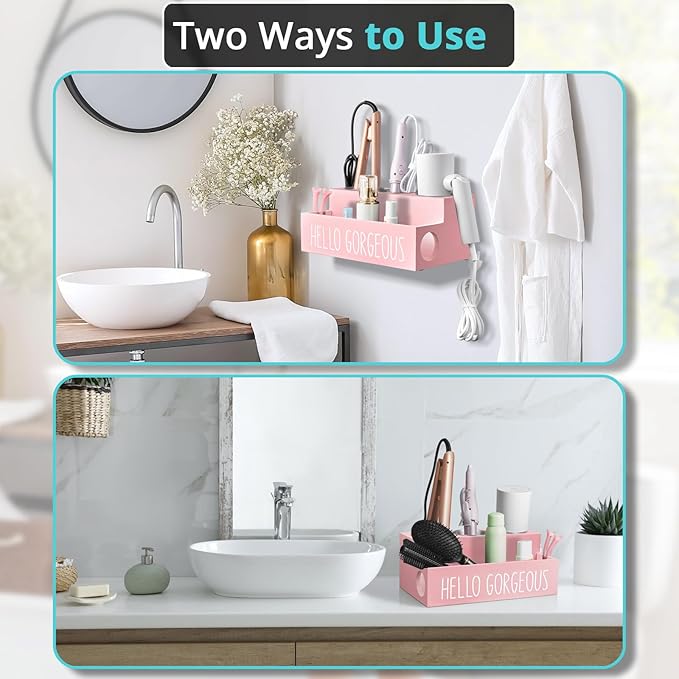 Hair Tool Organizer, Wooden Hair Dryer Holder Countertop, Pink