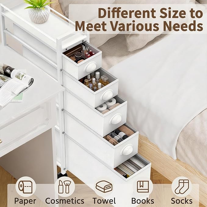 5 Drawer Narrow Slim Cabinet Skinny Storage Tower Chest, White