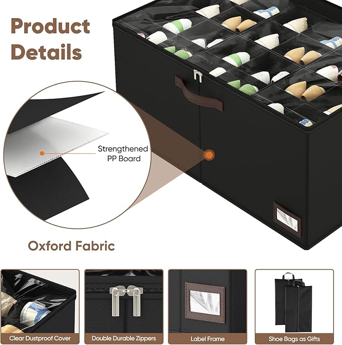 OIAHOMY 2 Pack Shoe Organizer for Closet, Large Foldable Shoe Storage Bins with Dividers and Reinforced Handles, Each Clear Cover Sneaker Box Fits Up to 24 Pairs for Entryway and Bedroom, Black