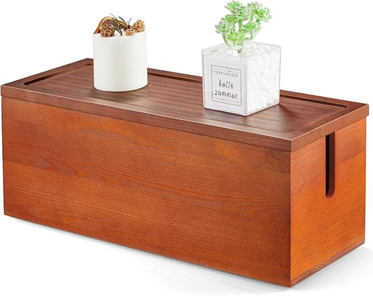 Large Cable Management Box, Wooden Cord Organizer Box for Desk, Floor, Red Brown