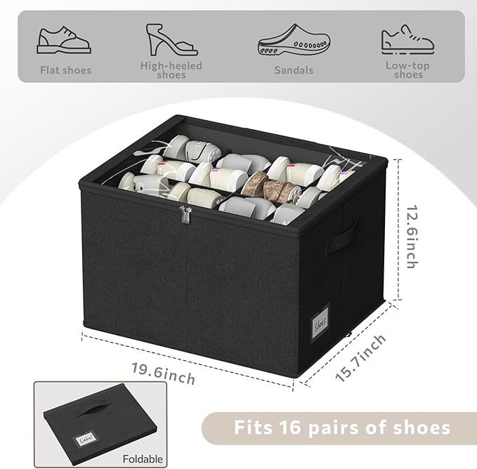 Shoe Organizer for Closet, 2 Pack Foldable Shoe Storage Box with Clear Cover and Adjustable Dividers, Stackable Storage Bins for Boots, Fits up to 32 Pairs (Black, 19.7 × 15.7 × 12.6 in)
