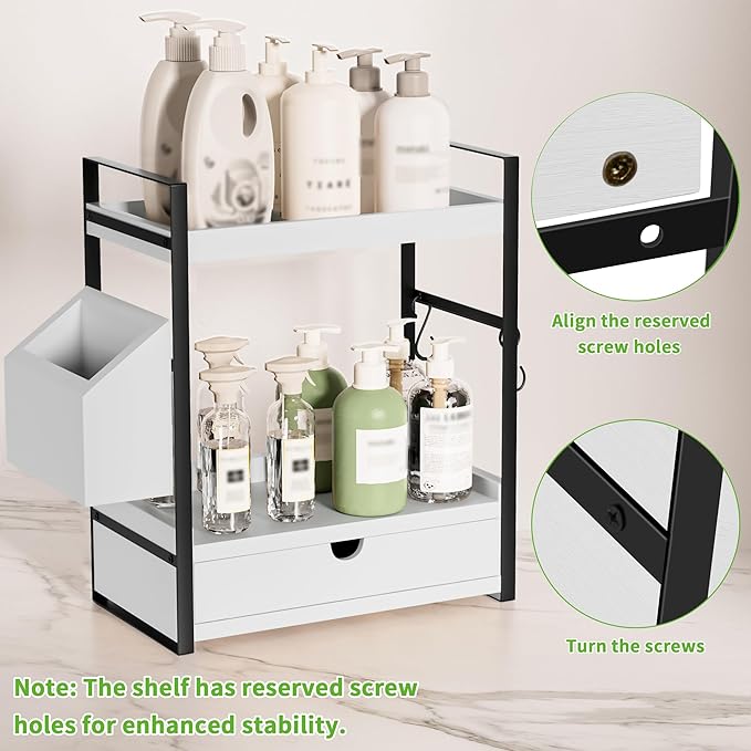 Kottwca 2-Tier Bathroom Counter Organizer with Drawer, Basket & Hooks, Wooden Vanity Shelf for Skincare, Perfume & Makeup Storage(White)