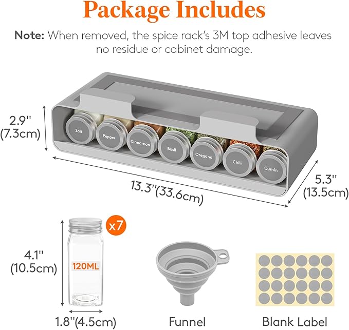 Lifewit Under Cabinet Spice Rack Organizer with 7 Jars, Lables, Under Shelf, Easy Refilling with Silicone Funnel,Seasoning Organizer for Kitchen Storage Solution, Gray