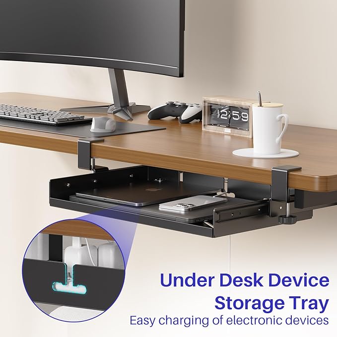 Sliding No Drill Under Desk Laptop Mount, Metal Under Desk Storage Shelf with Cable Management, Slide Out Laptop Storage Tray for MacBook, Mac Mini, Fits Office Workstations(Black with slid rail)