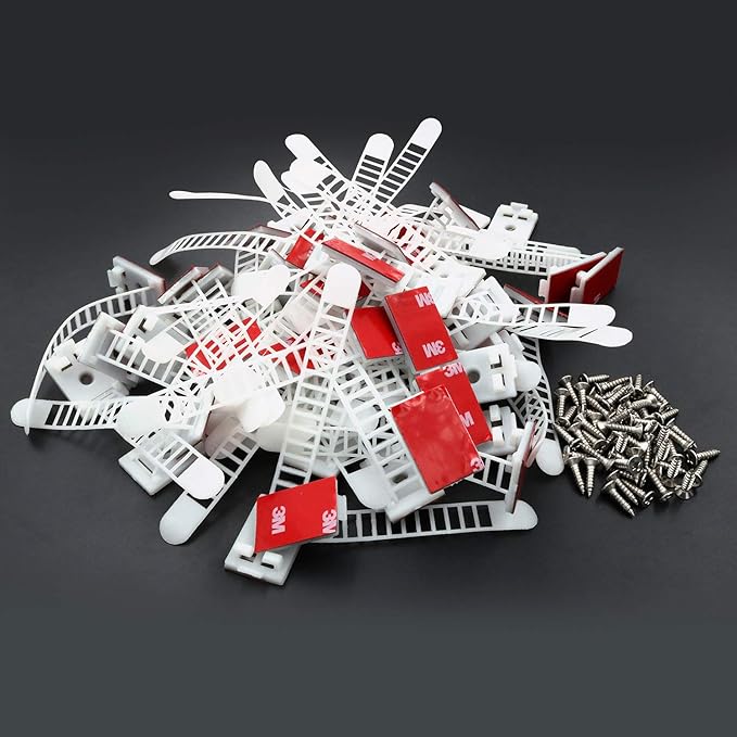 Mini Cable Clips 3M Adhesive, Multipurpose Cord and Wire Organizer for Cable Management Adjustable Large - 60 Pack Bundled with 10 Bonus Reusable Cable Ties (White)