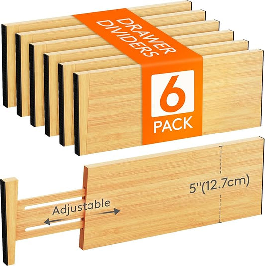 5" High 6 Pack Bamboo Drawer Dividers 33-42cm/13-16.5" Adjustable Wooden Drawer