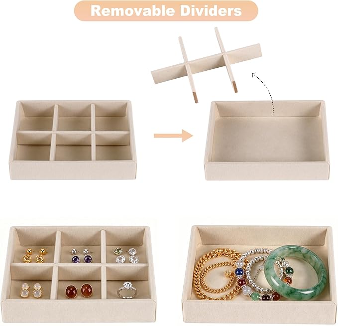8-Piece 6" Velvet jewelry drawer organizer inserts Removable Dividers, Stackable Drawer Organizer for Rings Earrings Makeup, Vanity Dresser Storage