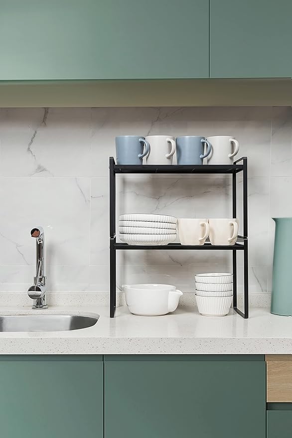 Shantton 2Pack Kitchen Cabinet Shelf Counter Organizer Rack Pantry Storage Bathroom Bedroom Office Table Desk Space Saving Stackable Rust Resistant Non Slip Black Tall Wide L16.1in W10.6in H9.5in
