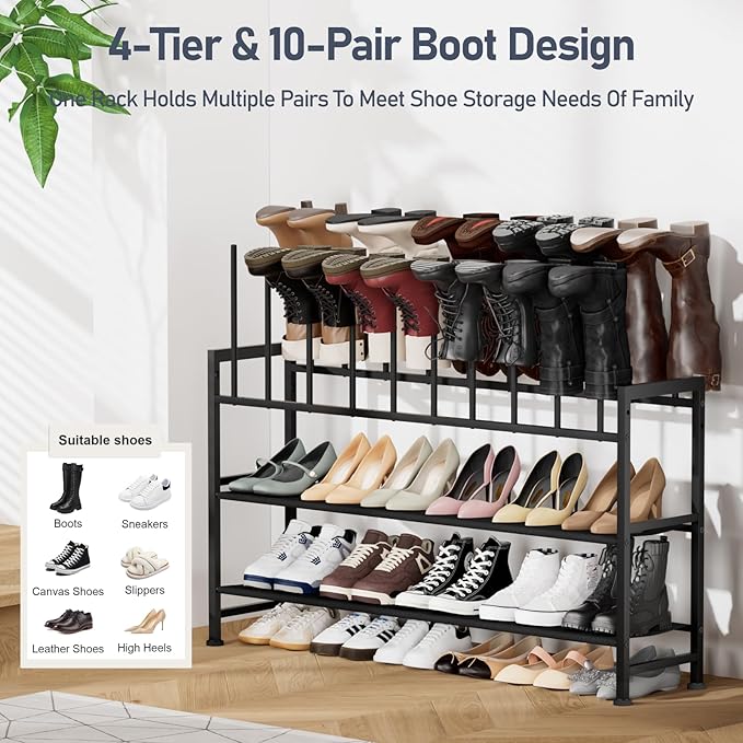 DIMJ Free Standing Shoe Racks - 3-Tier Boot Rack, Black Metal Boot Storage Organizer Tall Boots, Tall Boot Organizer for Closet, Multiuse Shoe Rack for Boots, Sneakers,Fit for 10 Pairs, Black