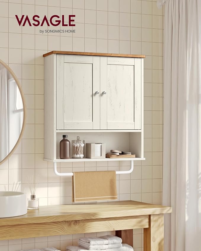 VASAGLE Siren Collection - Hanging Bathroom Cabinet with Towel Rod, Farmhouse Wall Storage Cabinet, with Adjustable Shelf, and Doors, 7.9 x 20 x 23.6 Inches, Rustic White and Honey Brown UBBK149WJ01S